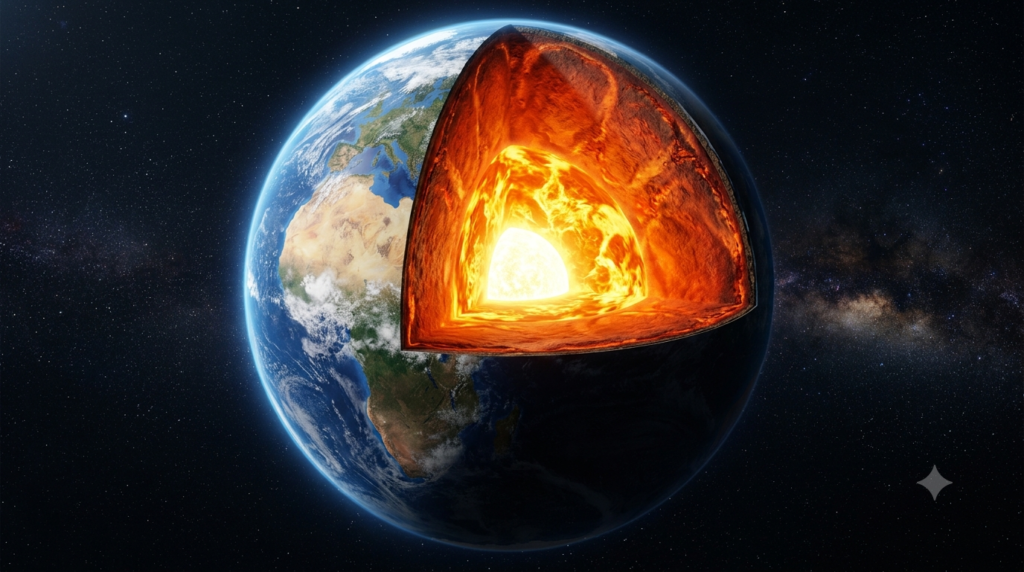 Realistic 3D cutaway illustration showing Earth's crust, mantle, liquid outer core, and solid inner core.