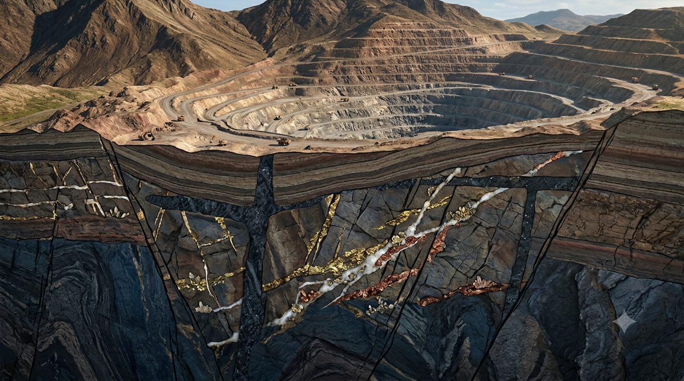 Realistic 3D cutaway of Earth's crust showing geological rock layers, gold and copper ore veins, mineral deposits, and an open-pit mine.