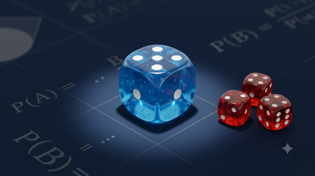 3D dice illustration representing elementary and compound events in probability.