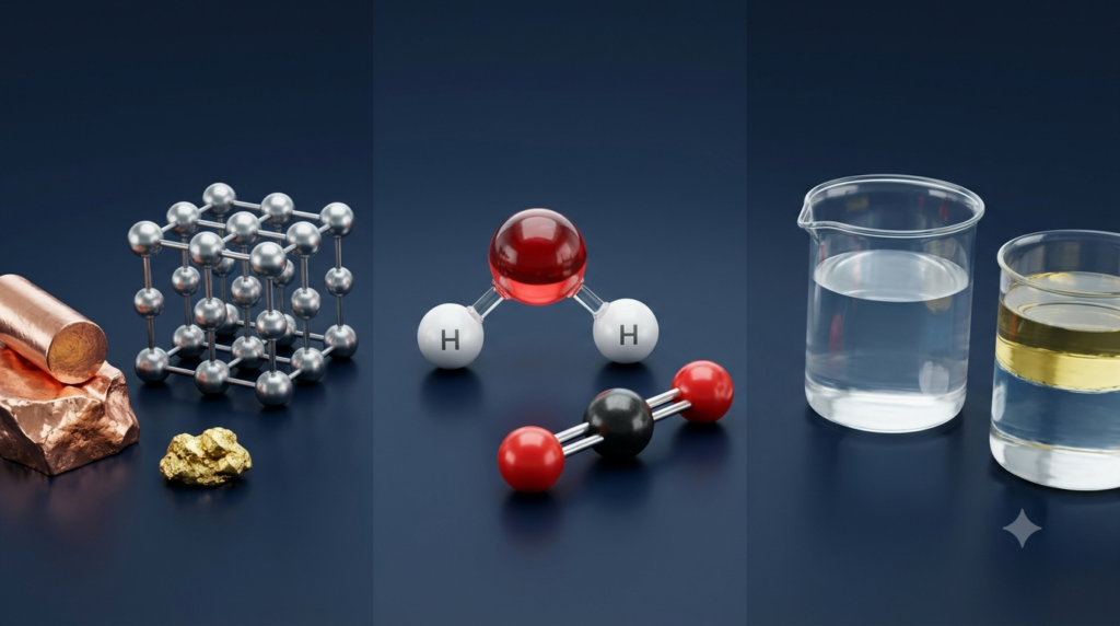 Realistic 3D illustration of elements, a water molecule compound, and homogeneous and heterogeneous mixtures in laboratory containers.