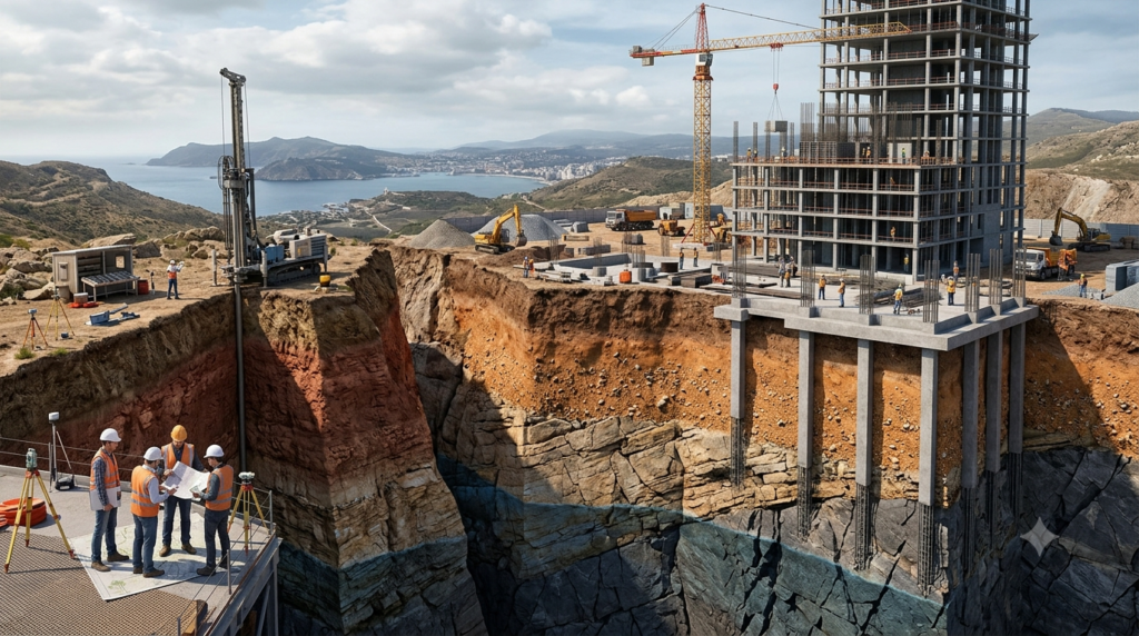 3D illustration of a construction site showing soil layers, fractured bedrock, groundwater, and deep building foundations.