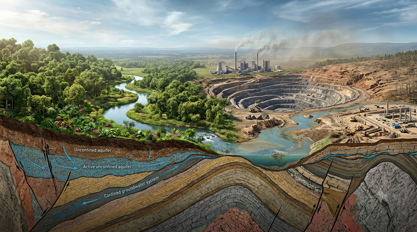 Realistic 3D illustration of environmental geology showing geological layers, groundwater, forests, mining, industrial pollution, and soil erosion.
