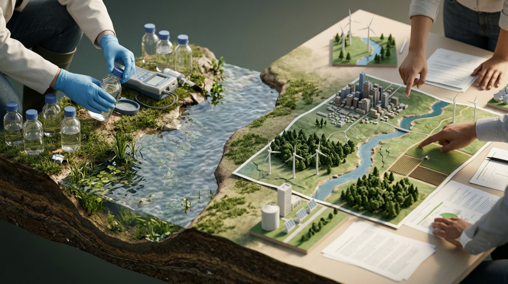 Environmental science water testing alongside environmental studies planning for sustainable communities.