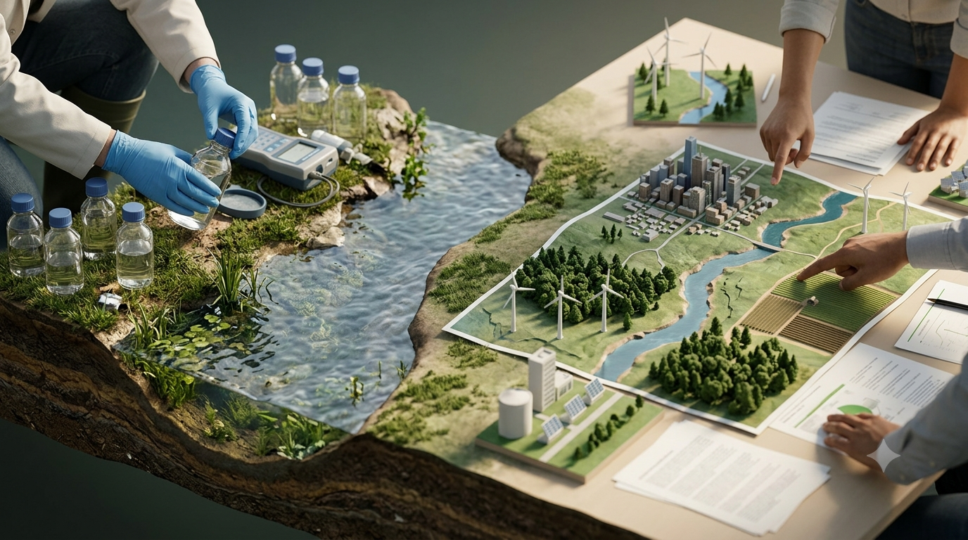 Environmental science water testing alongside environmental studies planning for sustainable communities.
