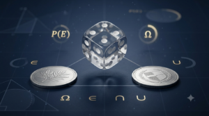 Realistic 3D dice and coins illustrating equally likely outcomes in probability.