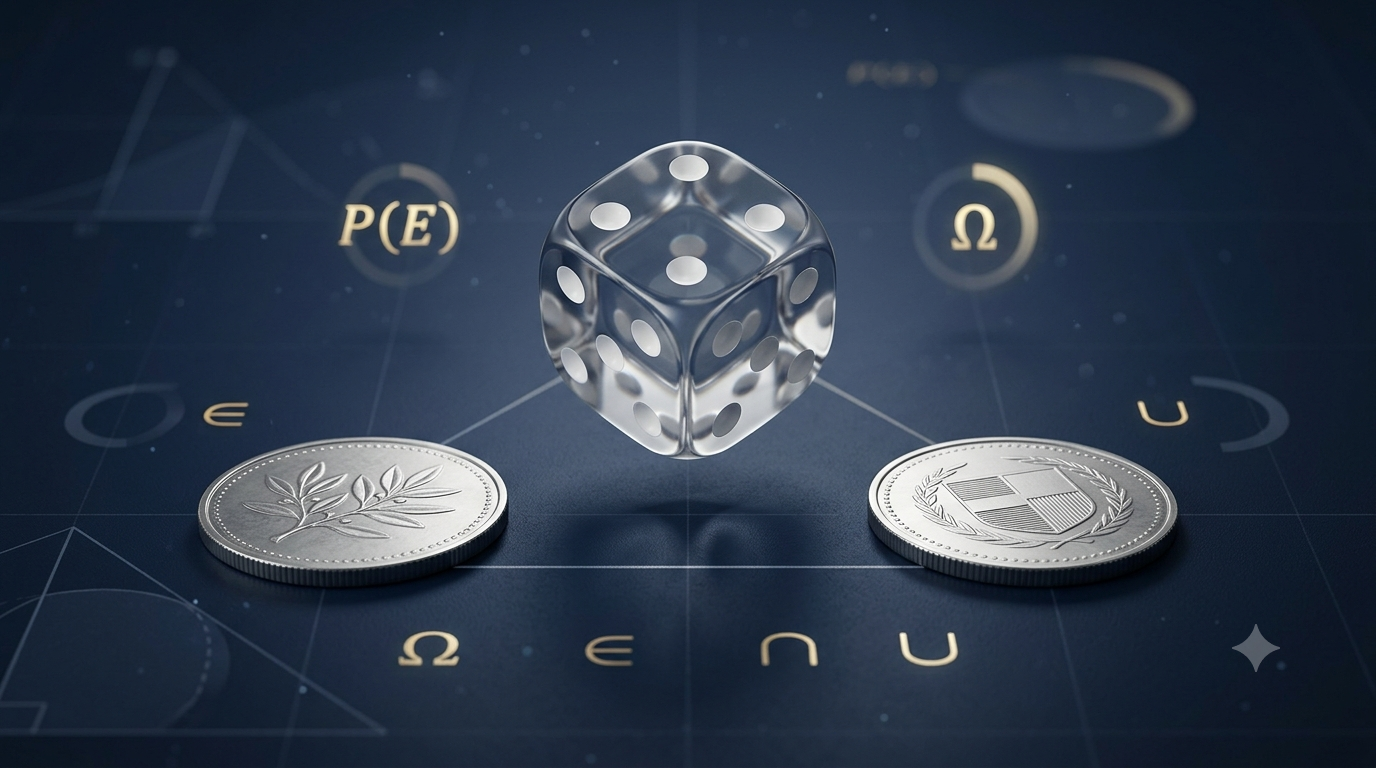 Realistic 3D dice and coins illustrating equally likely outcomes in probability.