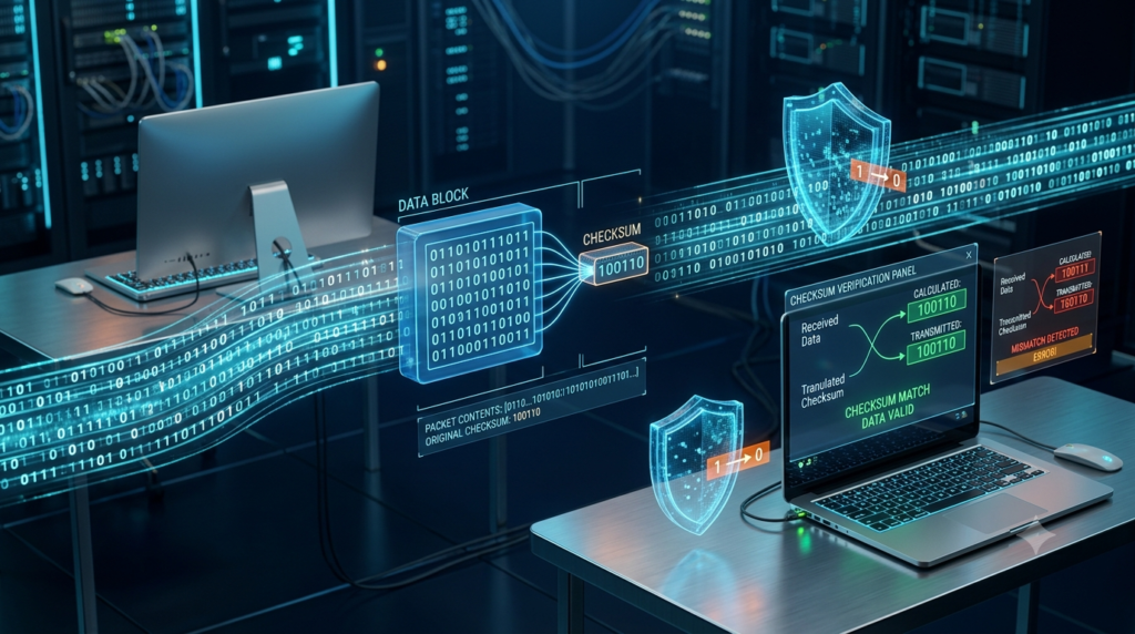 3D illustration of binary data transmission and checksum verification for error detection in computer networks.