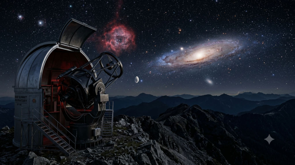 Realistic 3D observatory telescope beneath a star-filled sky featuring a spiral galaxy, nebula, crescent Moon, and distant ringed planet.