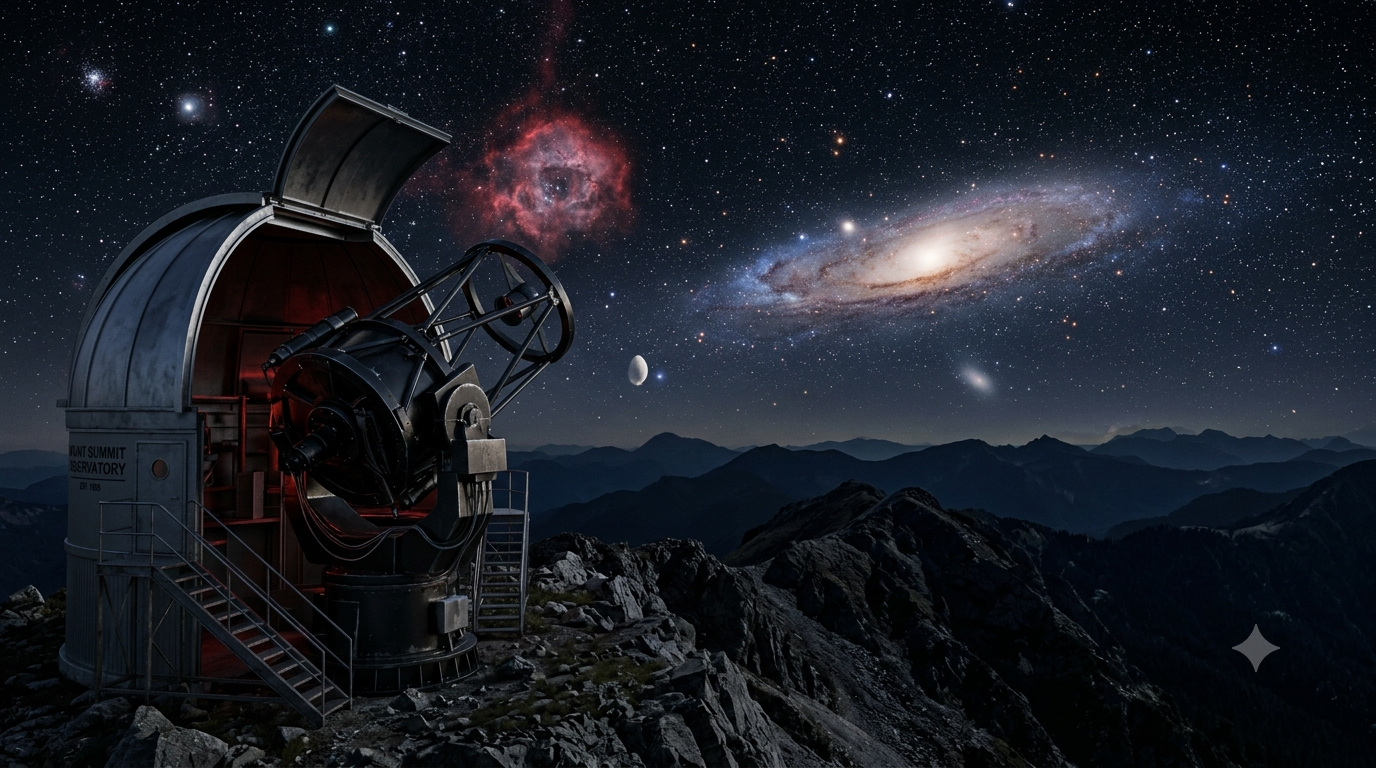 Realistic 3D observatory telescope beneath a star-filled sky featuring a spiral galaxy, nebula, crescent Moon, and distant ringed planet.