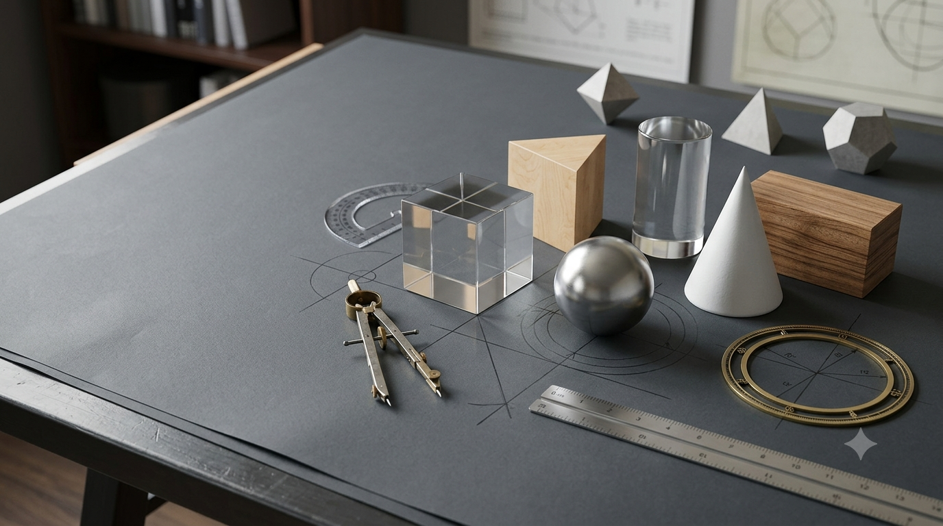 Realistic 3D geometric shapes including a cube, sphere, cone, cylinder, and triangular prism arranged on a mathematics drafting table.