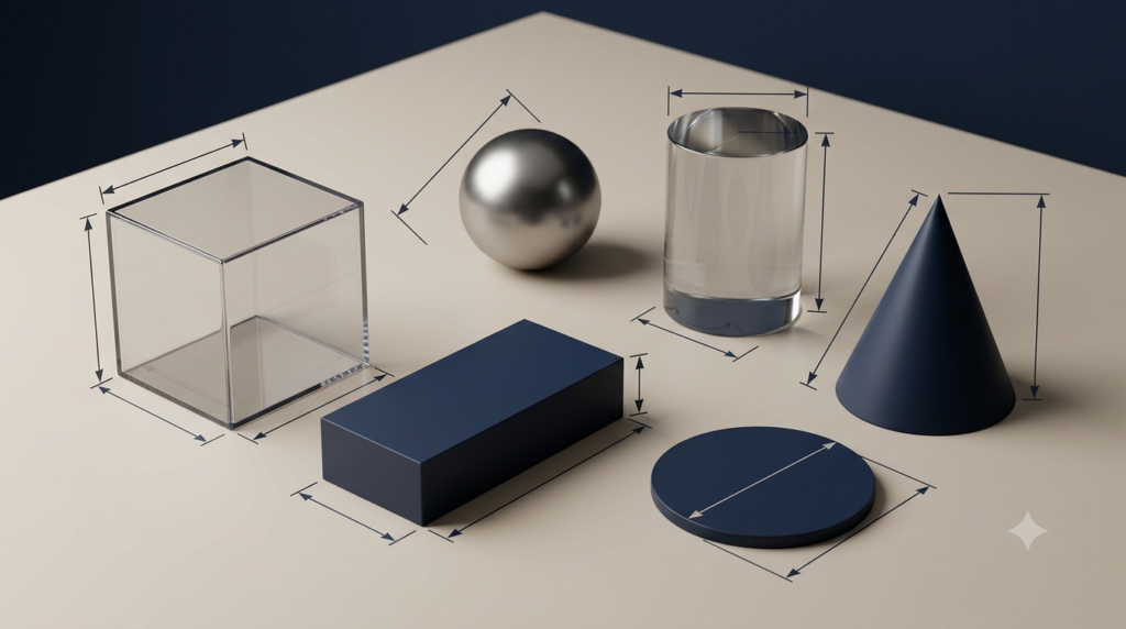 3D geometric shapes illustrating essential mensuration terms, including radius, diameter, height, edges, and volume.