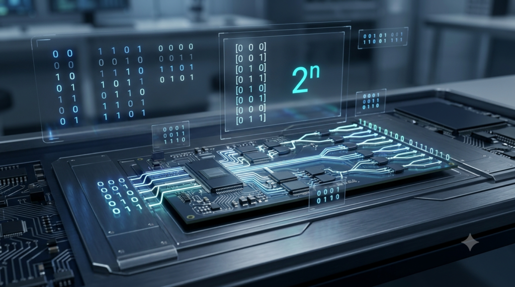 Realistic 3D visualization of binary patterns, logic gates, and possible combinations in digital system design.