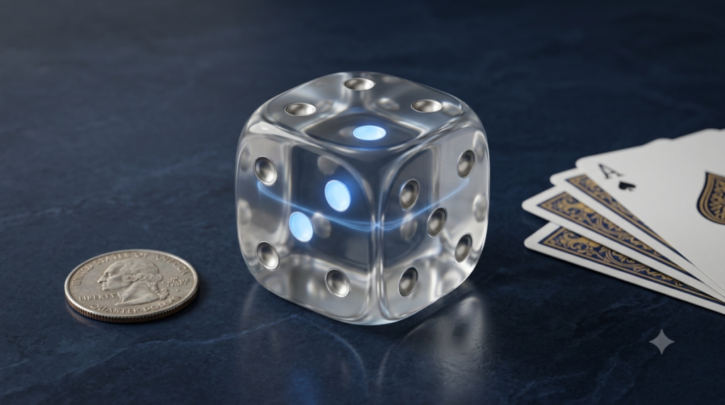 Realistic 3D dice and probability objects illustrating events in probability and possible outcomes.