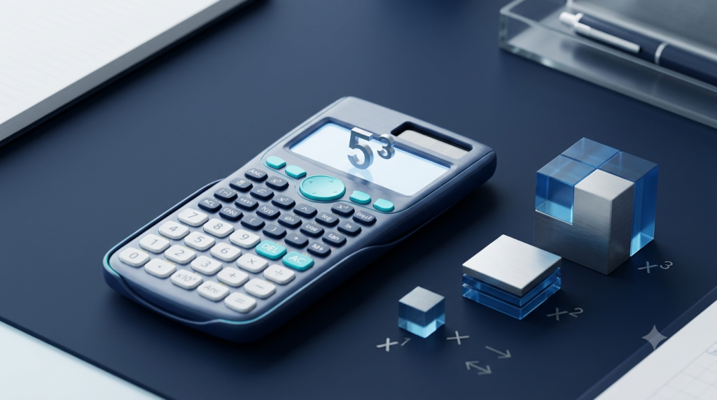 Realistic 3D calculator illustrating exponent calculations and mathematical powers