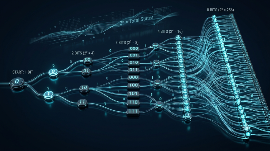 Realistic 3D visualization of binary bits branching into exponentially increasing possible states.