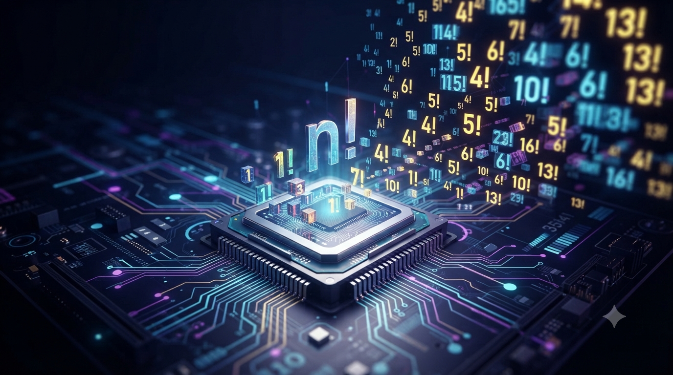 Realistic 3D illustration showing factorial growth and rapidly increasing computational possibilities