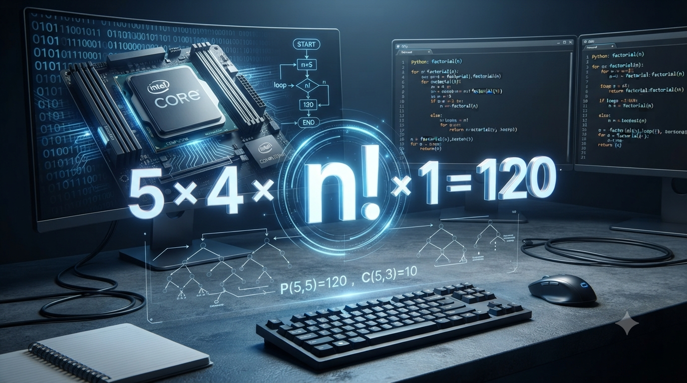 Realistic 3D illustration of factorial mathematics and computing applications