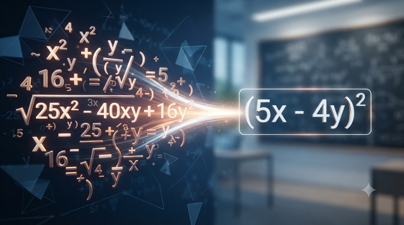 Realistic 3D illustration showing a complex formula simplified through factoring