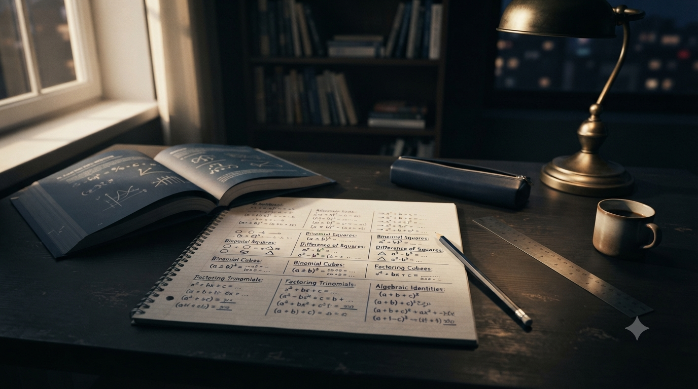 Factorization formulas and basic algebraic identities shown in a mathematics study setting