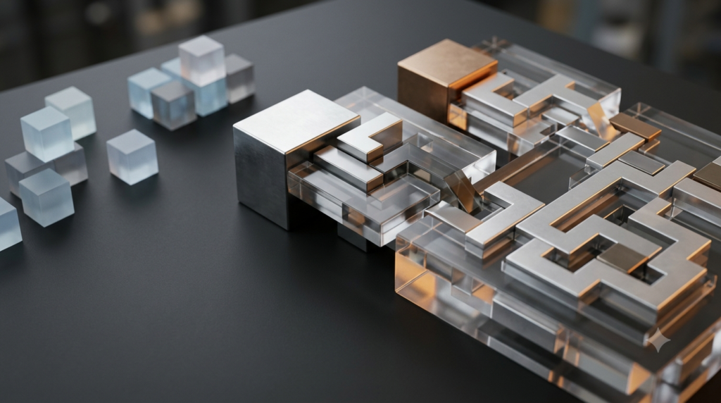 Realistic 3D model illustrating factors and products in algebraic expressions.