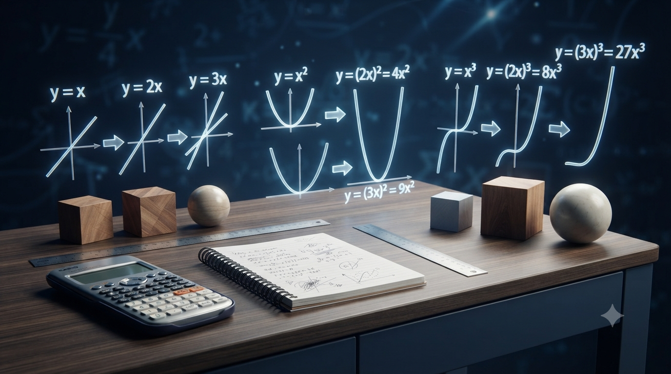 3D visualization of how formulas change when a quantity is doubled or tripled