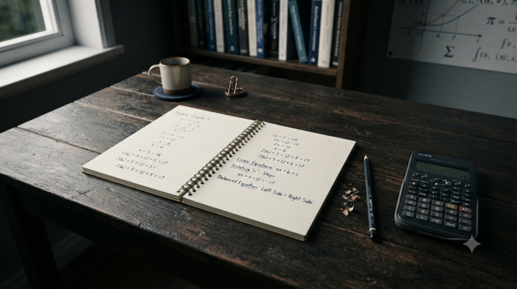 Notebook showing formulas and steps for solving a simple algebraic equation