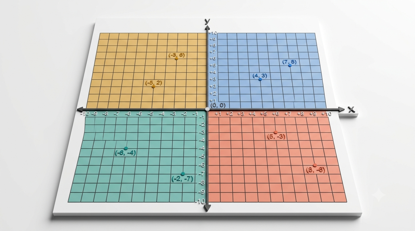 Realistic 3D coordinate plane showing four quadrants with positive and negative x and y coordinates.