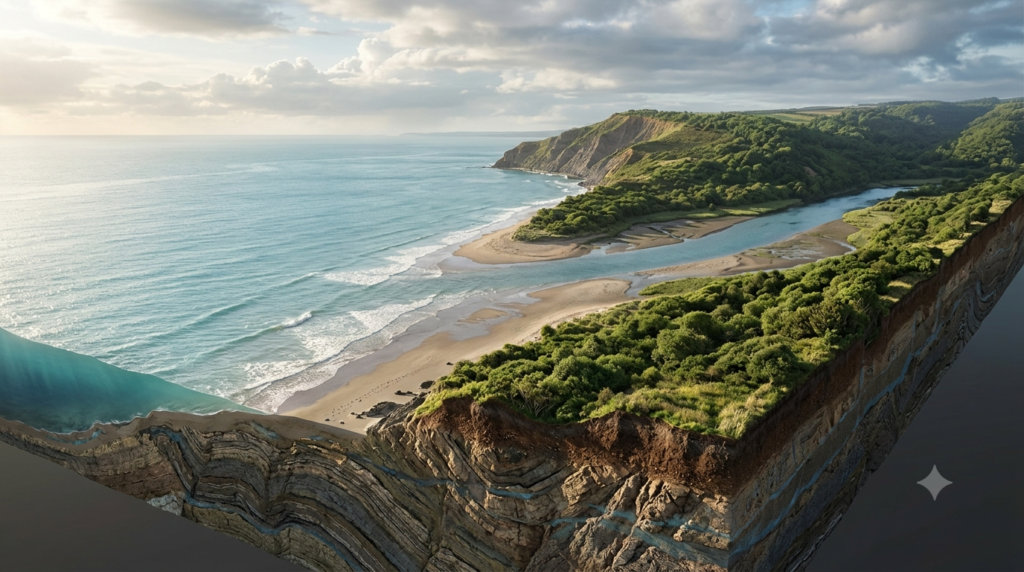 Realistic 3D landscape showing Earth's geosphere, hydrosphere, atmosphere, and biosphere interacting across land, ocean, and vegetation.