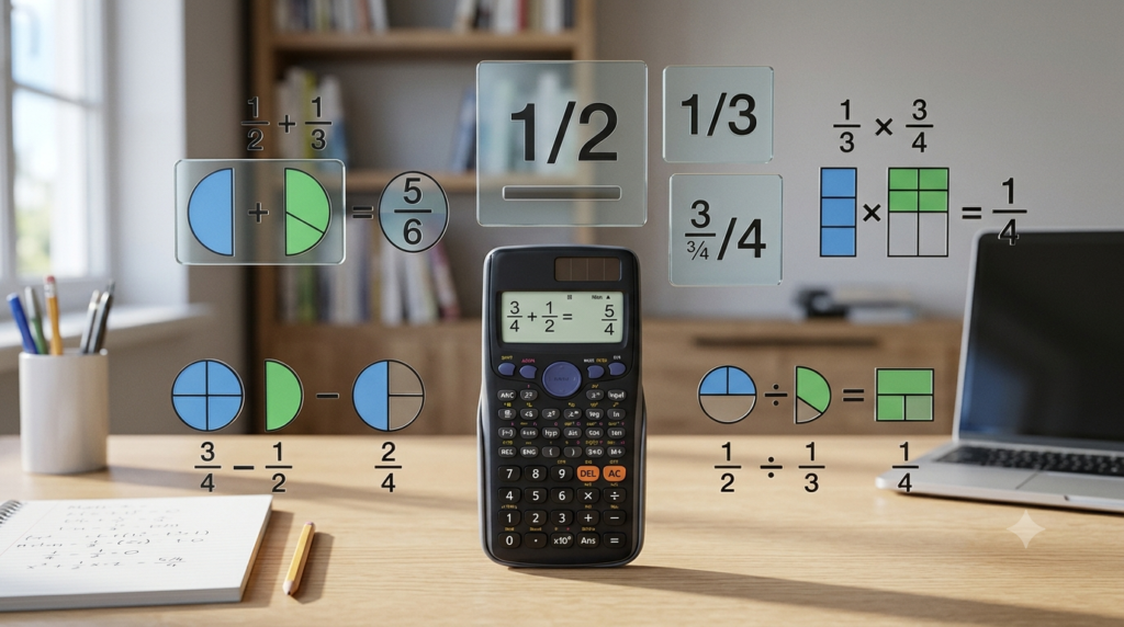 3D calculator with fraction examples for adding, subtracting, multiplying, and dividing fractions.