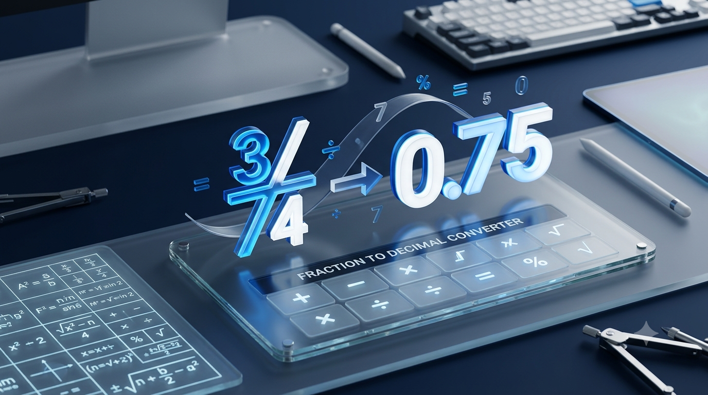 3D illustration showing the conversion of the fraction 3/4 into the decimal 0.75