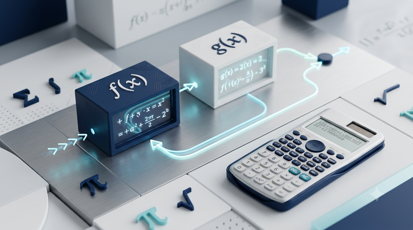 3D illustration of mathematical functions connected by arrows representing function composition.