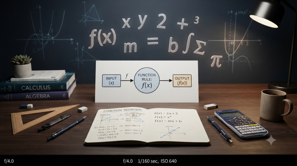 3D illustration of function notation and basic function formulas with equations and graphs
