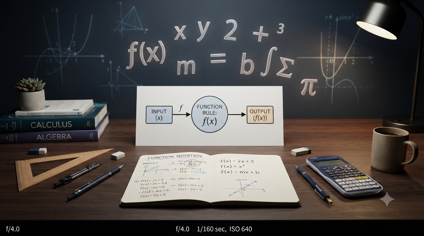 3D illustration of function notation and basic function formulas with equations and graphs
