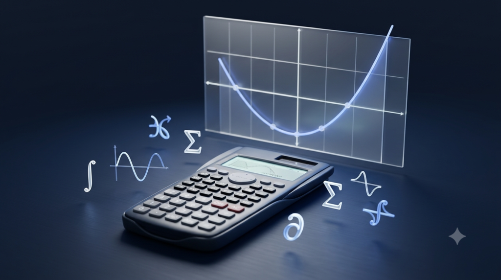 Realistic 3D calculator with a parabolic graph illustrating mathematical function evaluation