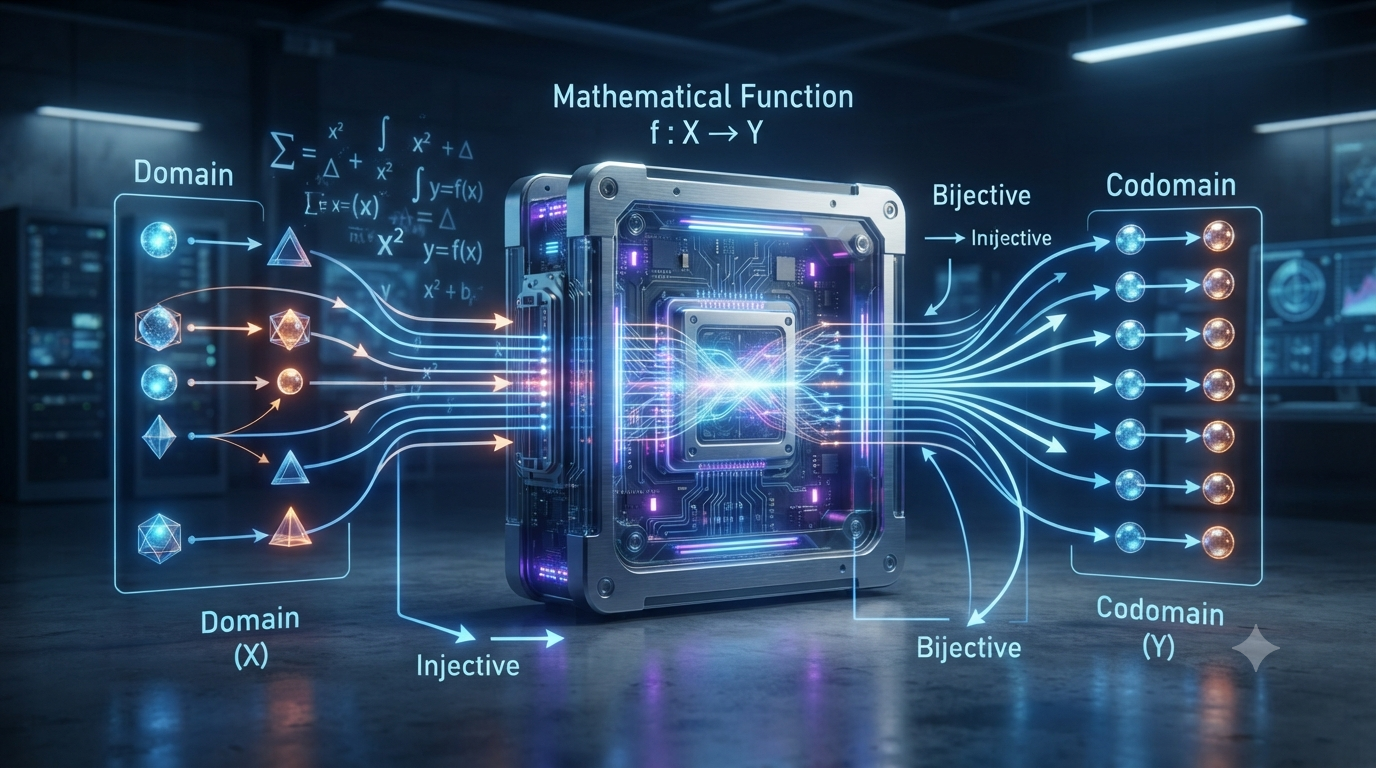 Realistic 3D illustration of functions and mappings in computer science mathematics