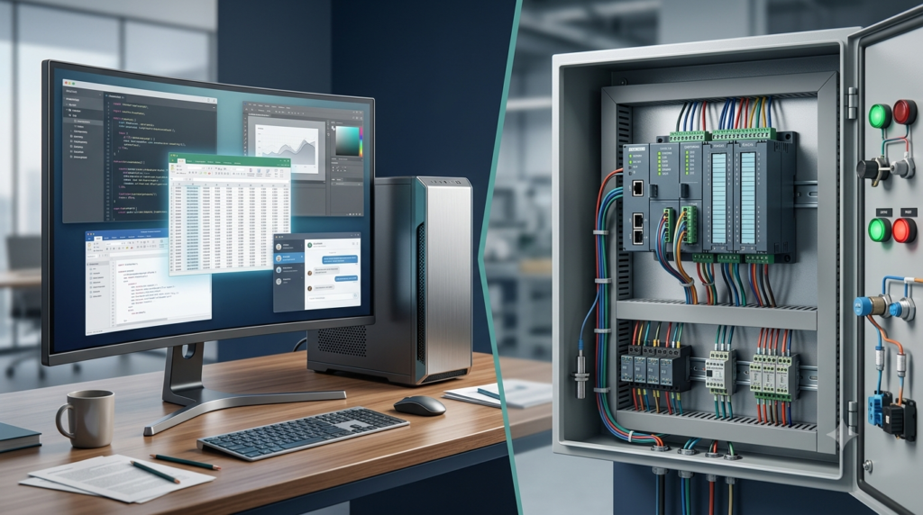 General-purpose desktop computer and special-purpose industrial controller showing different computer applications.