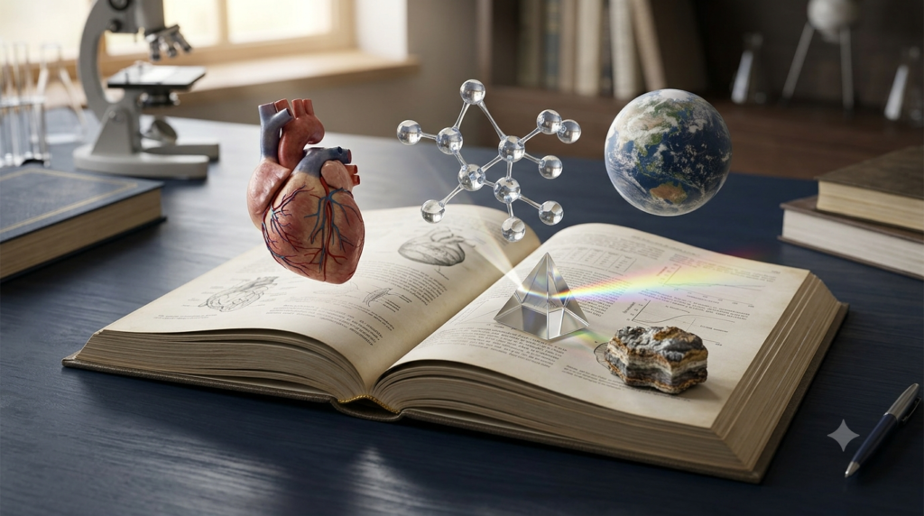 Open general science book surrounded by scientific models representing physics, chemistry, biology, and astronomy.