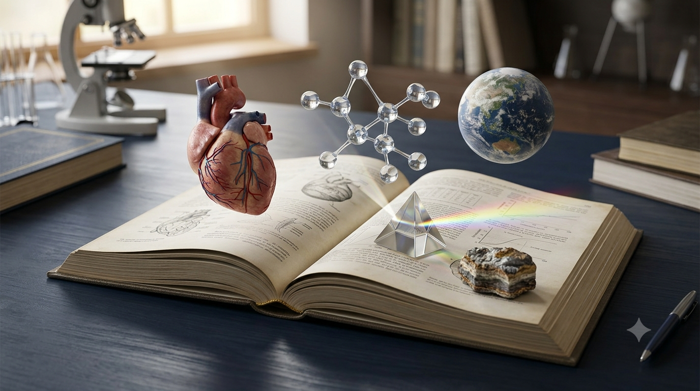 Open general science book surrounded by scientific models representing physics, chemistry, biology, and astronomy.