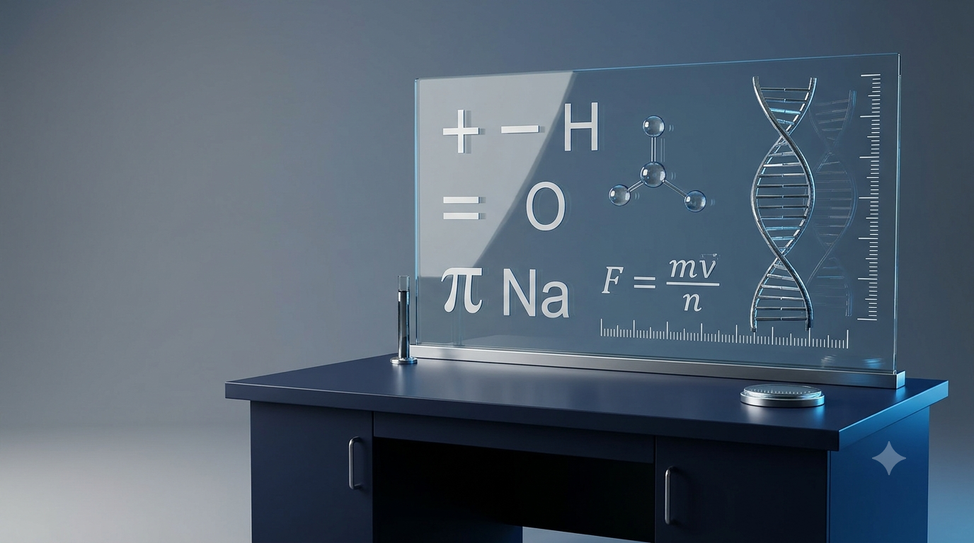 General science symbols representing mathematics, chemistry, physics, biology, and scientific measurements in a realistic 3D display.