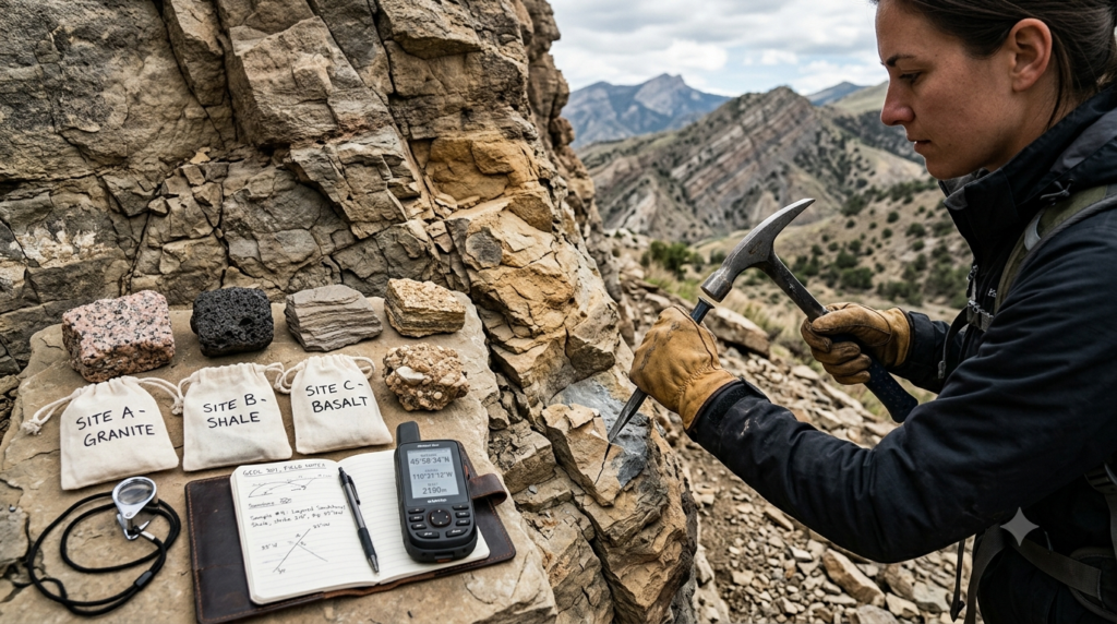 Geologist collecting a rock sample from a rocky outcrop using a geological hammer and chisel.