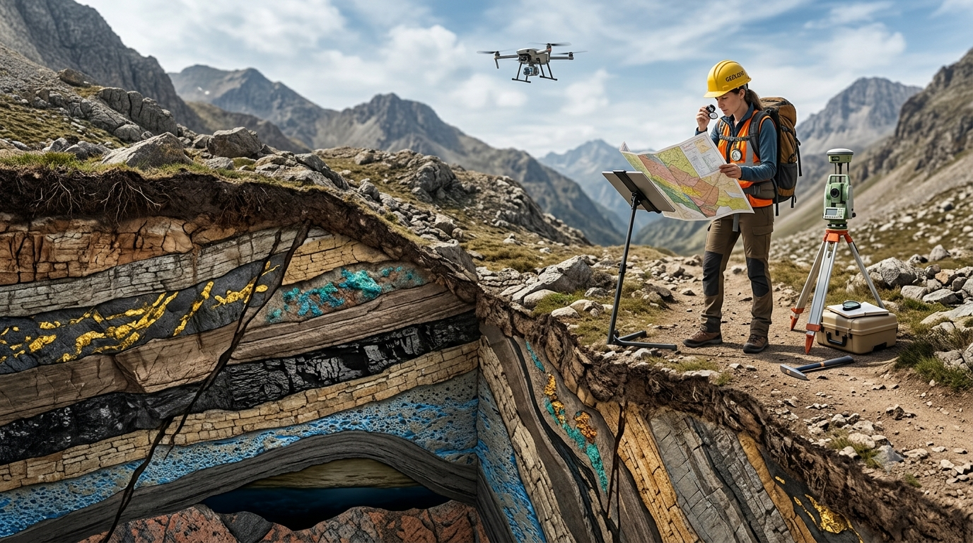 Realistic 3D illustration of geological surveys identifying underground mineral deposits, coal, groundwater, and petroleum resources.