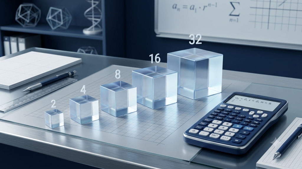 3D geometric sequence calculator with numerical progression and increasing geometric cubes