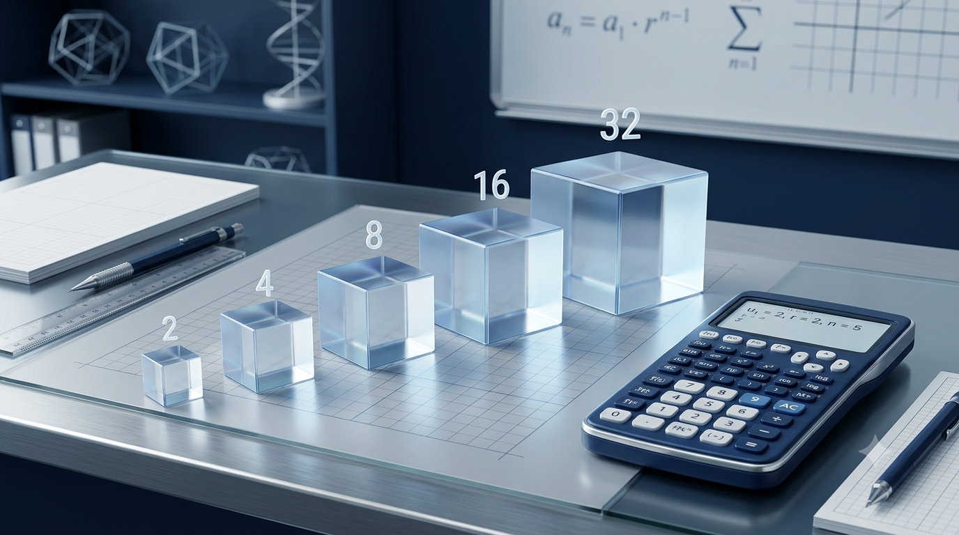 3D geometric sequence calculator with numerical progression and increasing geometric cubes