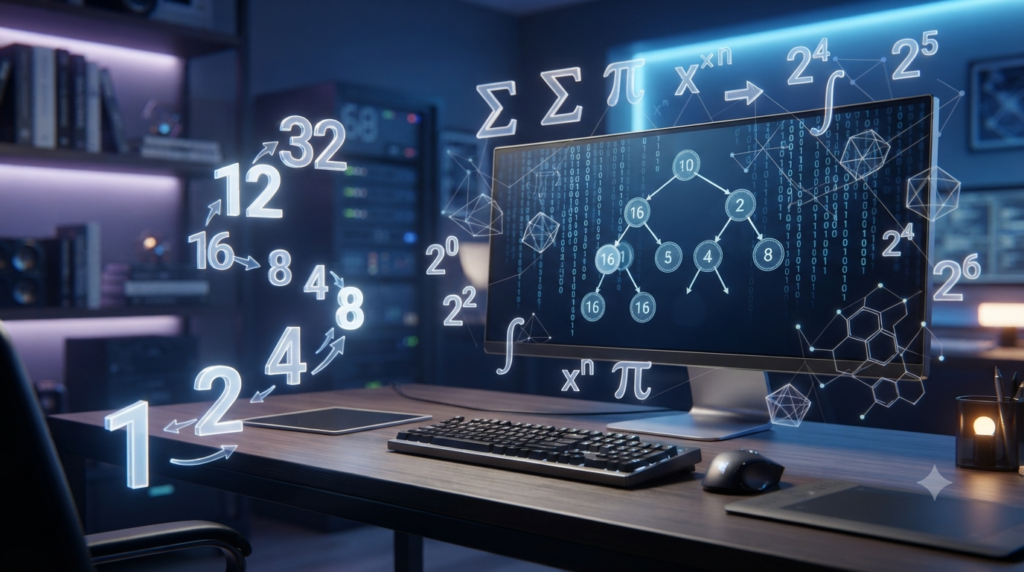 Realistic 3D illustration of geometric sequences and their applications in computer science