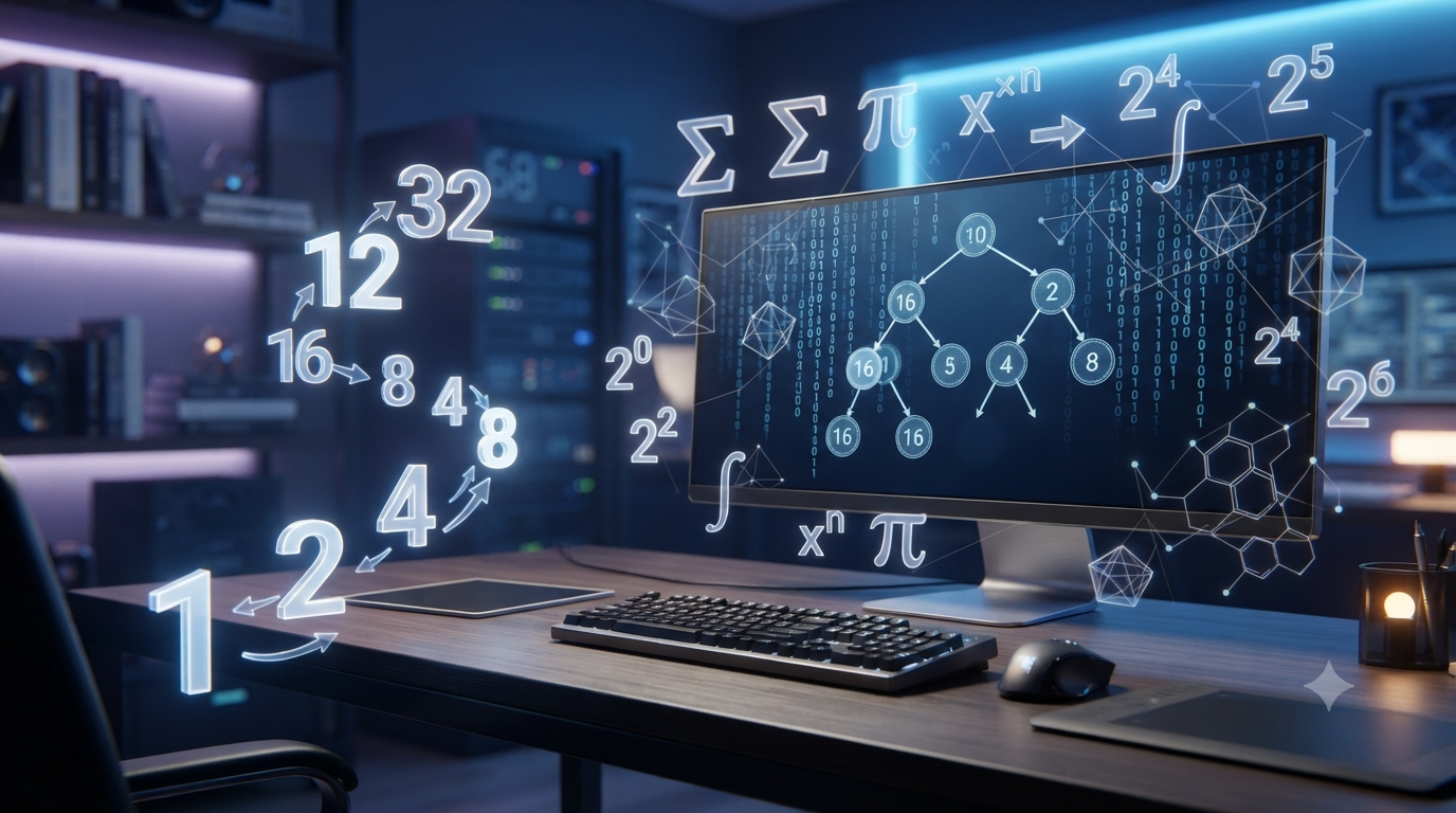 Realistic 3D illustration of geometric sequences and their applications in computer science