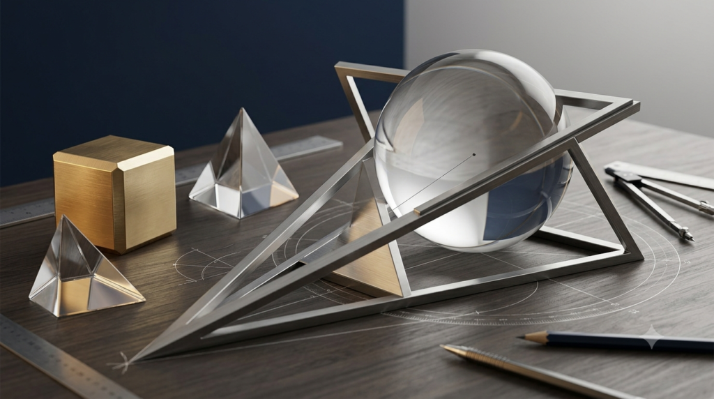 Realistic 3D geometric sphere, cube, and triangular prism illustrating geometry in mathematics.