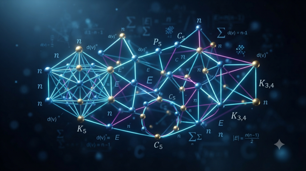 Realistic 3D graph network showing vertices, edges, paths, cycles, and basic graph theory structures