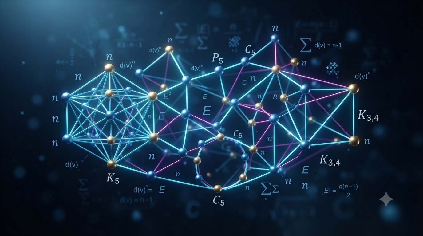 Realistic 3D graph network showing vertices, edges, paths, cycles, and basic graph theory structures