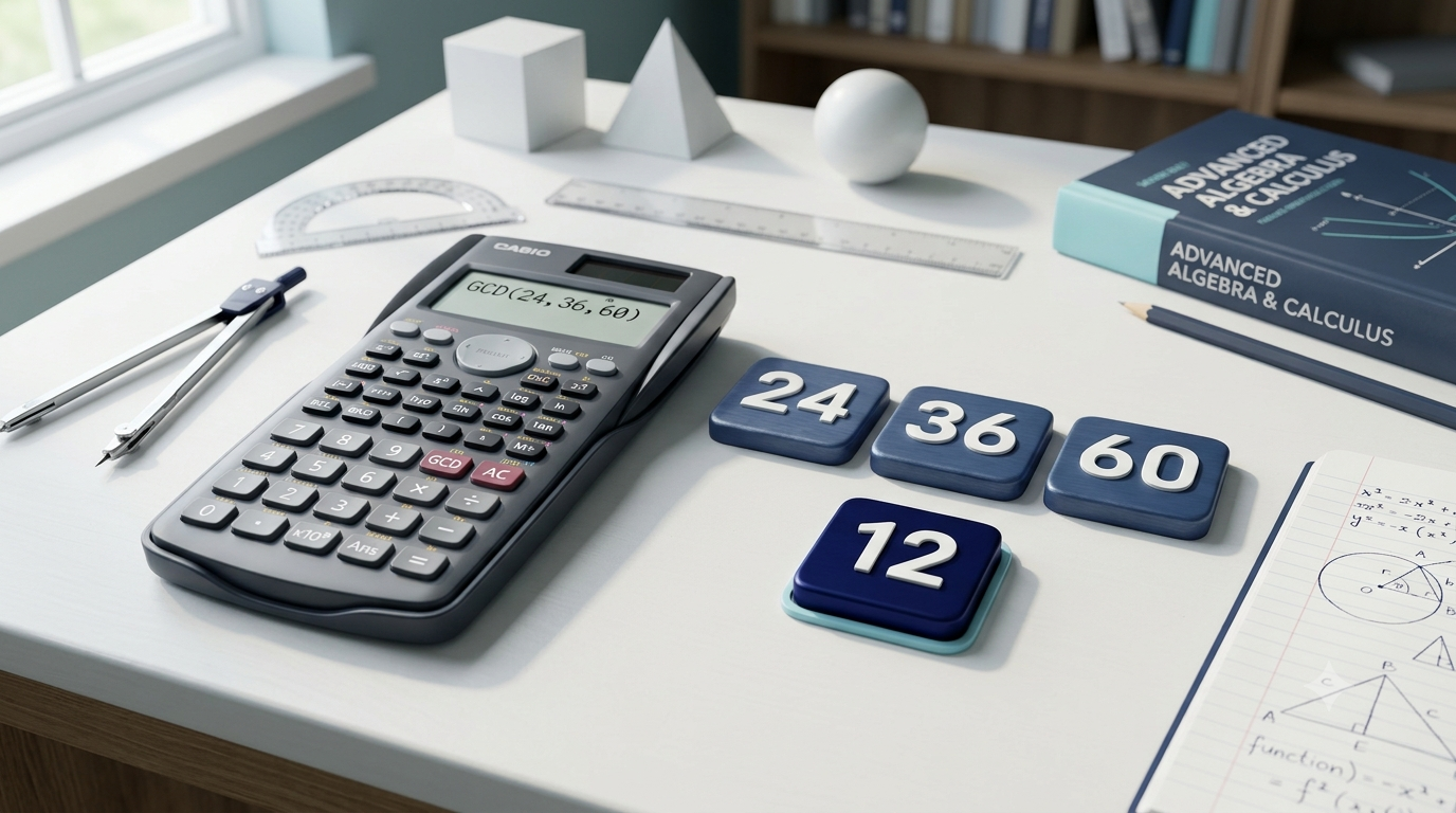 Greatest Common Divisor Calculator showing the GCD of 24, 36, and 60 as 12