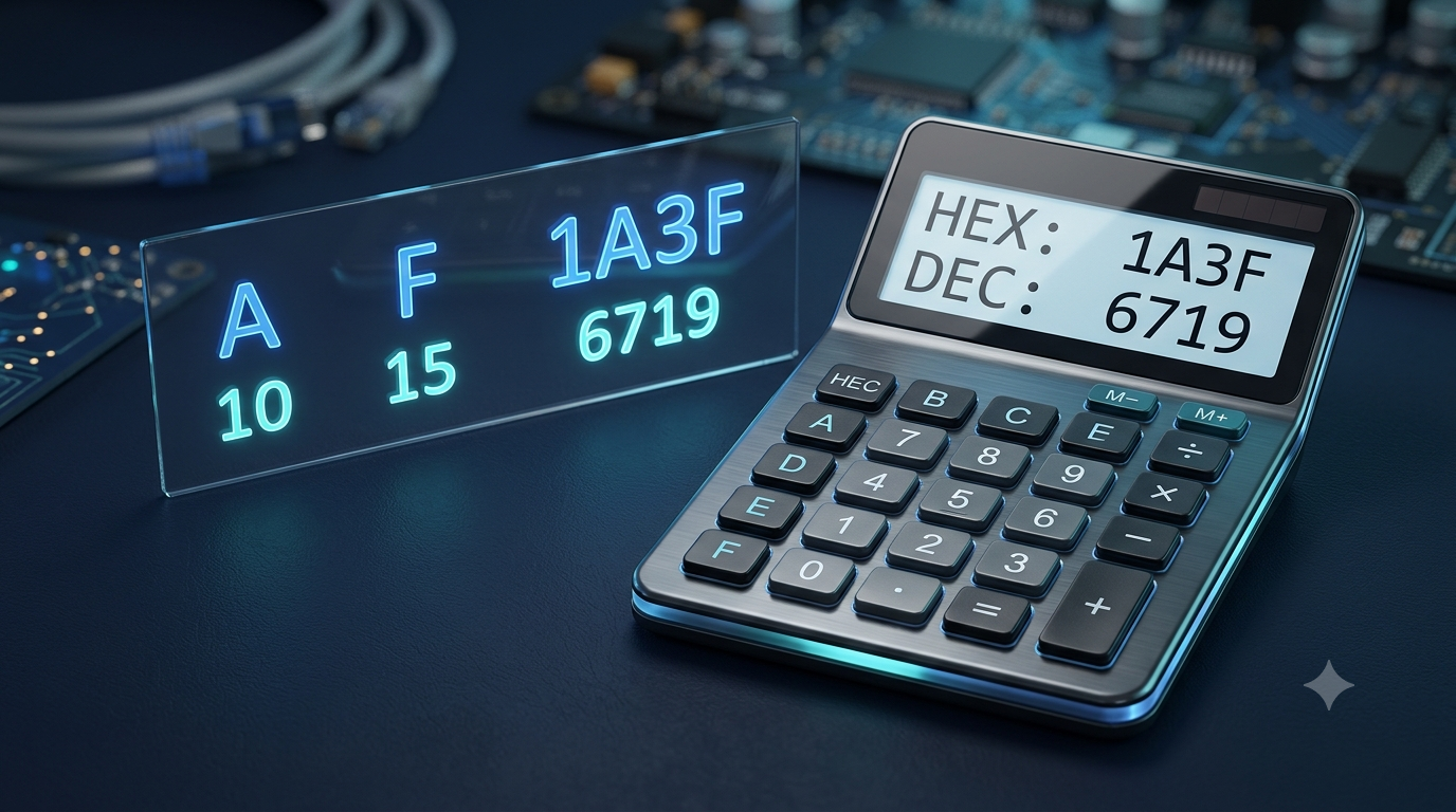 Realistic 3D calculator illustrating hexadecimal to decimal number conversion.